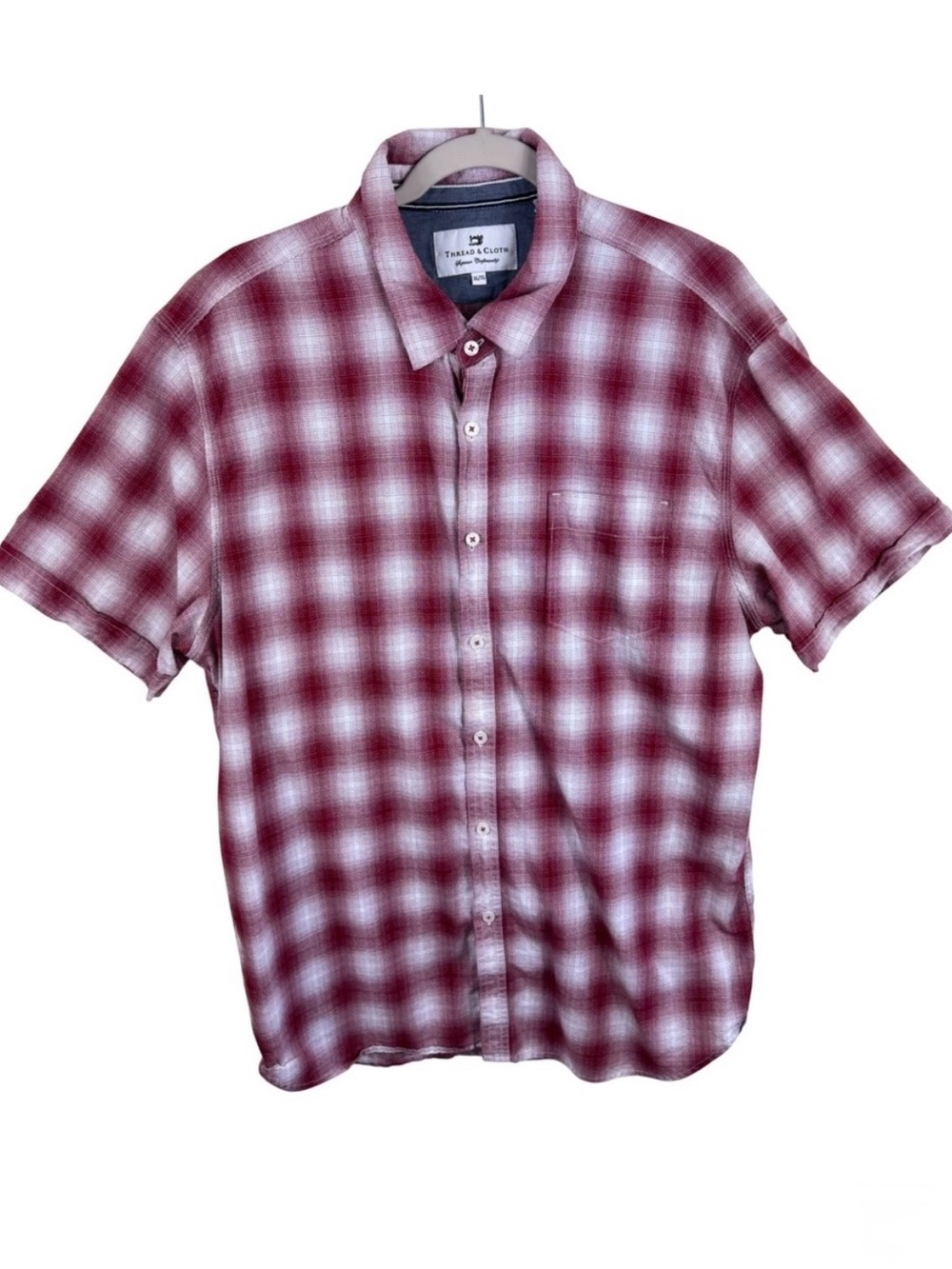 Thread & Cloth Mens‎ XL Short Sleeve Button Down Shirt Red White Plaid Cotton